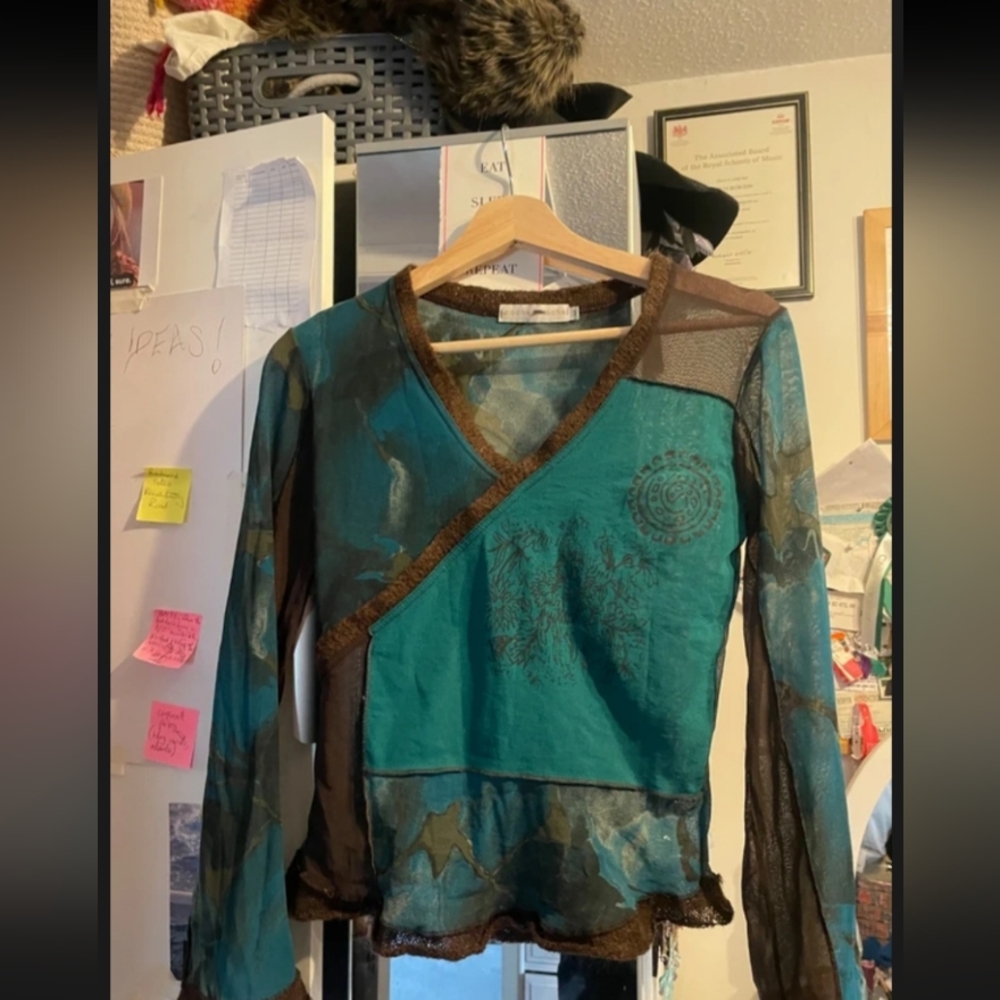 Tracy Reese Teal and Brown Long Sleeve Top